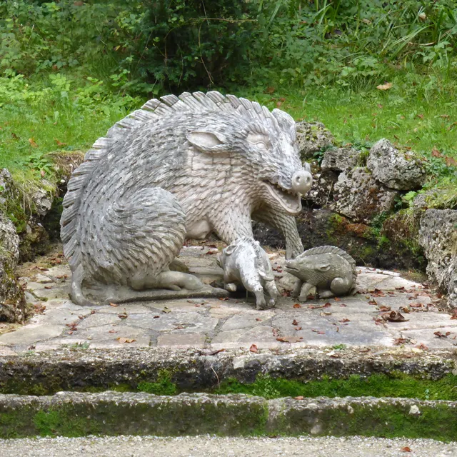 Stone boar sculpture in the Hellbrunn water gardens