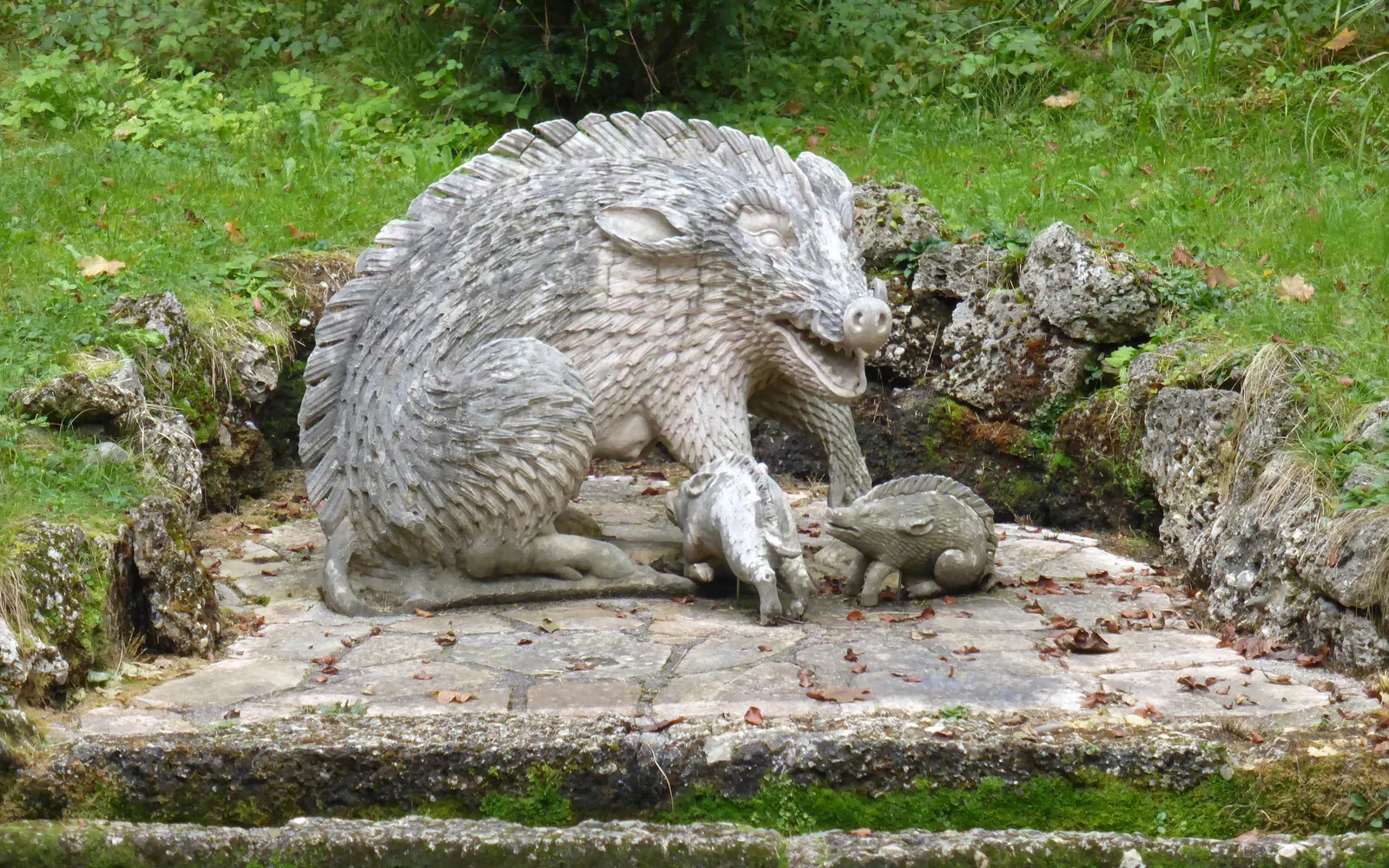 Stone boar sculpture in the Hellbrunn water gardens
